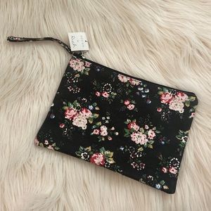 FLORAL PRINTED BLACK CANVAS FULLY LINED XL TRAVEL COSMETIC BAG CLUTCH